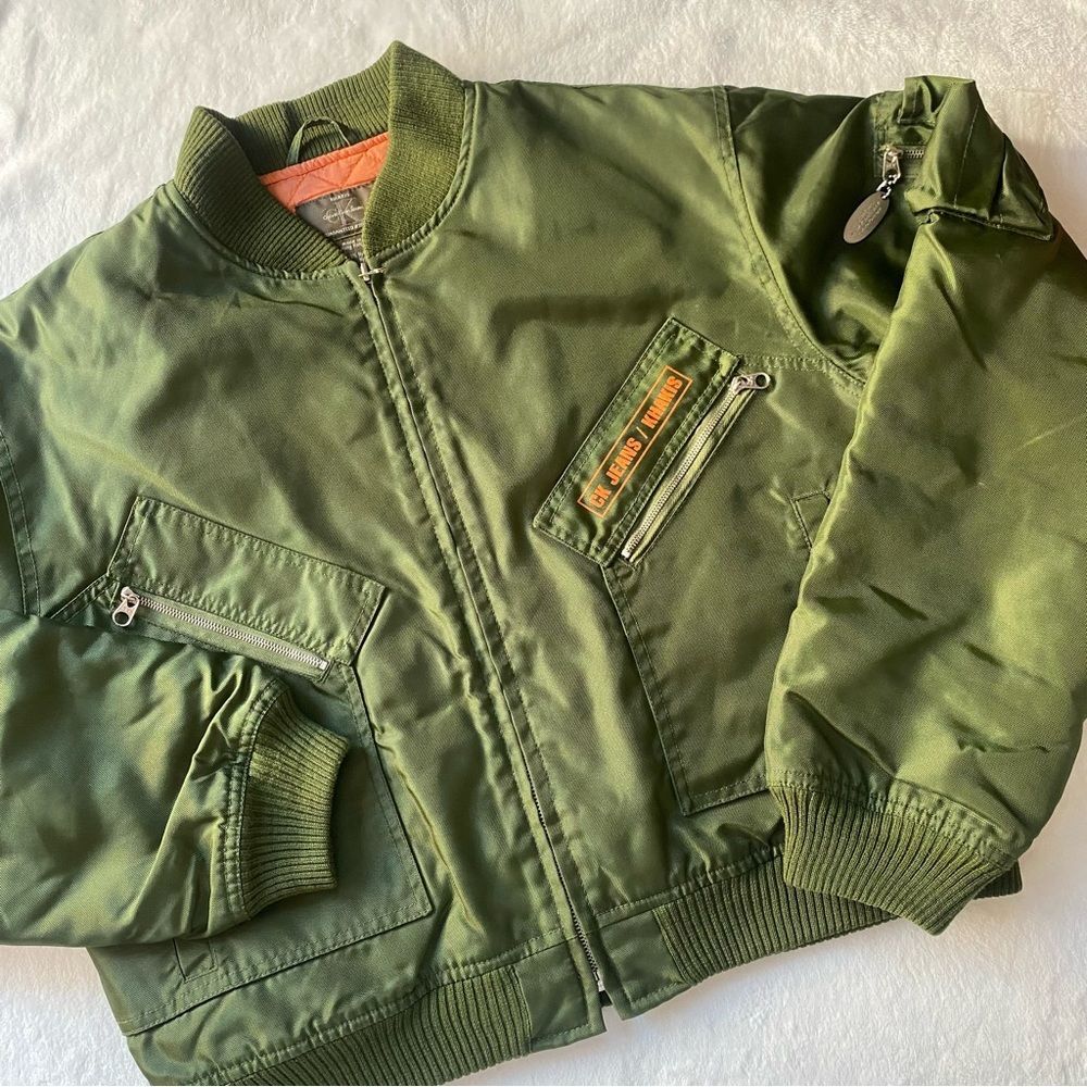 Vintage Calvin Klein Bomber Jacket Green‎ orange interior Size Large Y2K